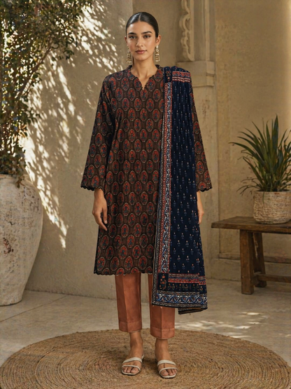Khaadi 3 Piece Lawn Suit – Premium Printed Summer Collection (Top, Bottom & Voil Dupatta)