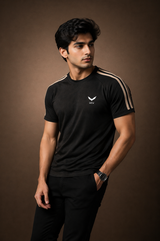 Black T-Shirt – Textured Knitted Mesh Polyester