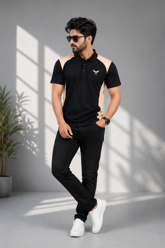 Black & Skin Polo T-Shirt – Textured Knitted Mesh Polyester