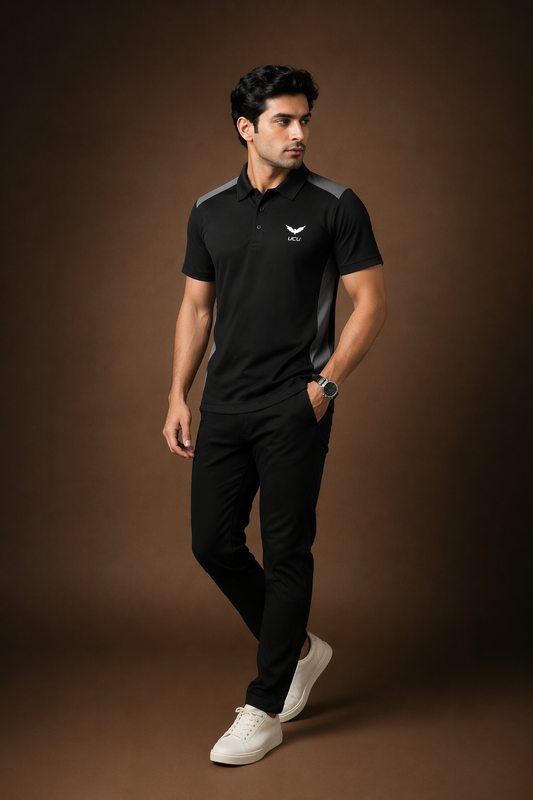 Black & Grey Polo T-Shirt – Textured Knitted Mesh Polyester