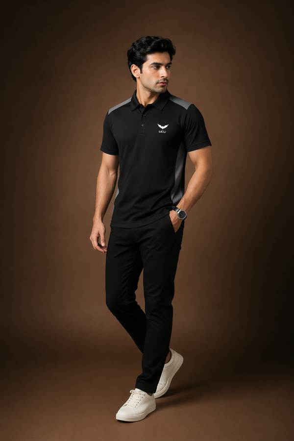 Black & Grey Polo T-Shirt – Textured Knitted Mesh Polyester