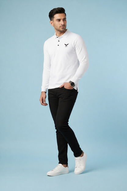 White Full Sleeve Polo Shirt – Polyester & Spandex Dri Fit
