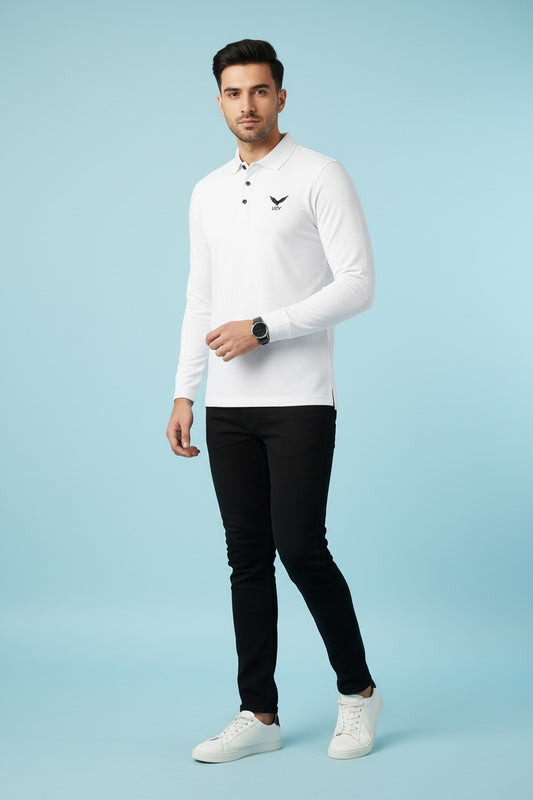 White Full Sleeve Polo Shirt – Polyester & Spandex Dri Fit